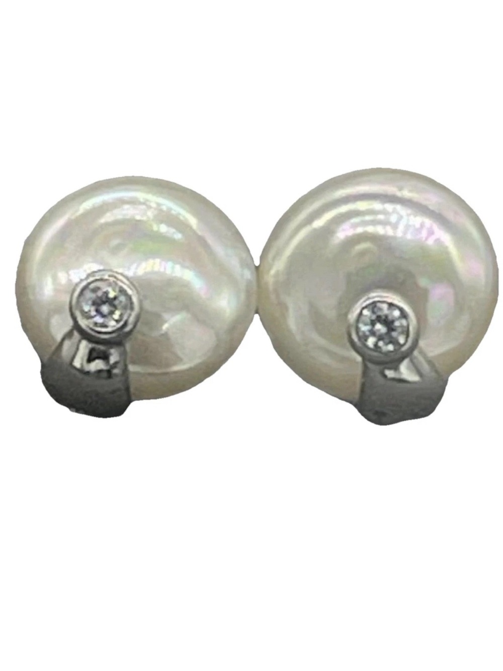 VTG 925 Sterling Silver Mother Pearl Stud Earrings Cubic Zirconia Center Accent